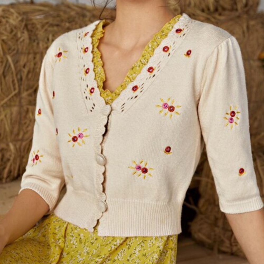 Floral Embroidered Button Up Cardigan